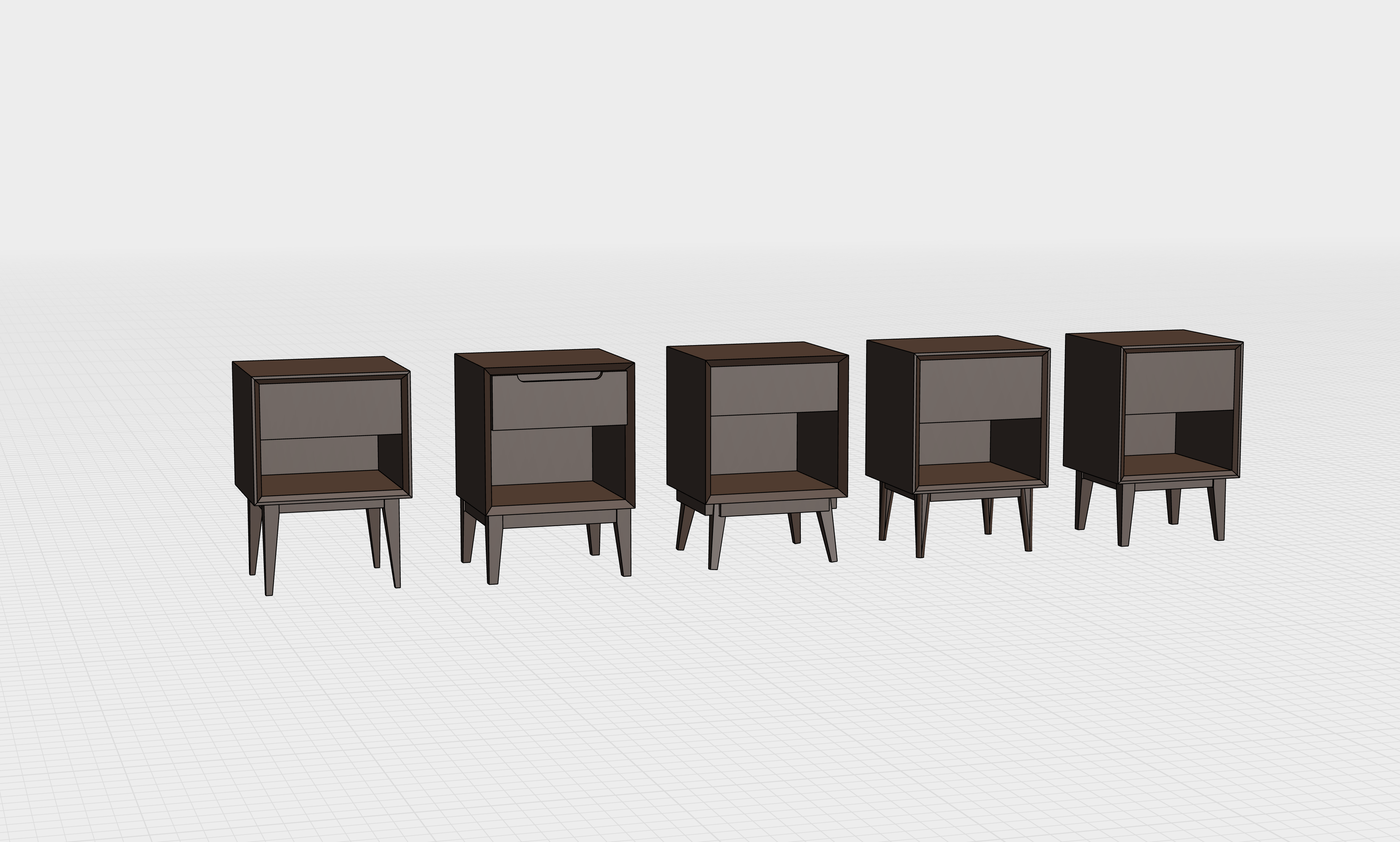 CAD iterations of nightstand designs in Fusion 360